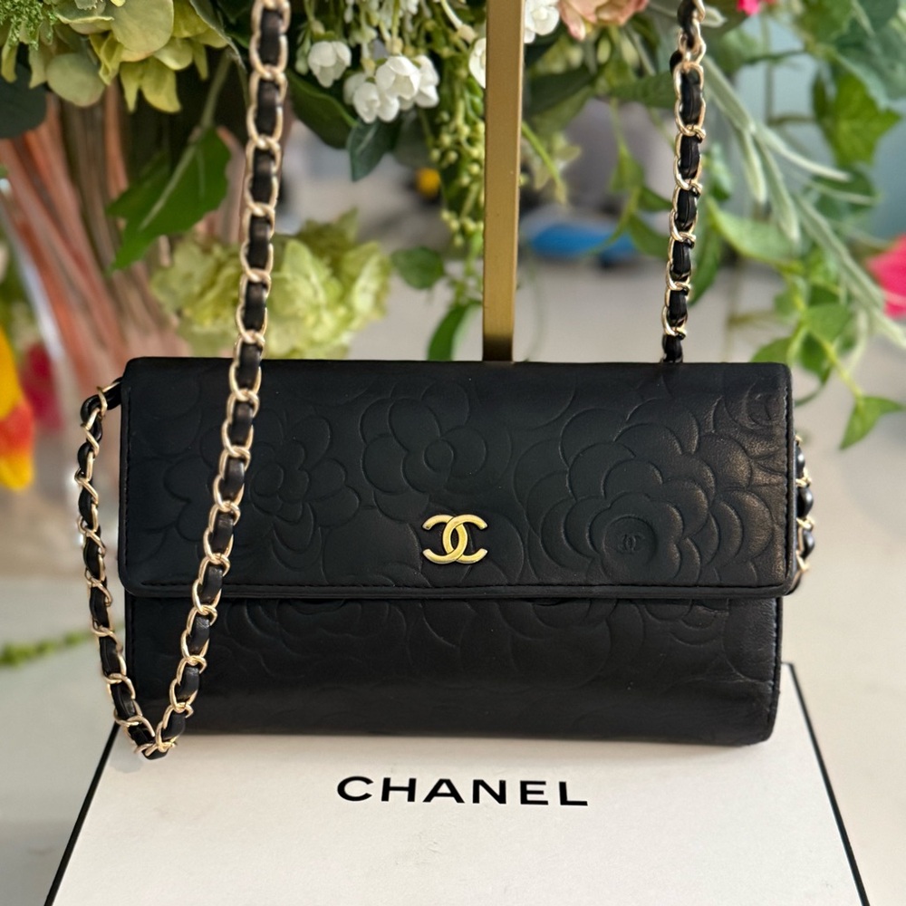 CHANEL Lambskin Embossed Camellia Large Gusset Flap Wallet w/Box, Card and Chain - Picture 16 of 16